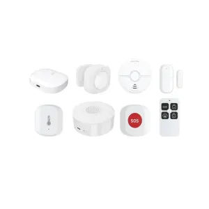 Composants de l’alarme domestique WOOX Security Kit Pro, avec capteurs, sirène, bouton SOS et télécommande