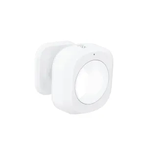 Dispositif de sécurité WOOX au design blanc carré arrondi, avec panneau avant circulaire et logo