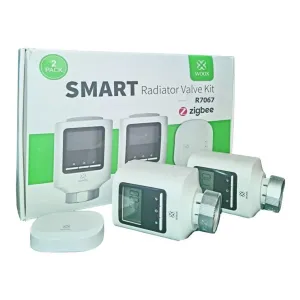 Kit de vannes thermostatiques connectées pour radiateur Zigbee WOOX R7067 avec deux vannes blanches et boîte de vente au détail