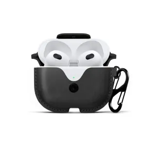 Funda de cuero Twelve South AirSnap para Apple AirPods (3.ª gen.), con mosquetón, mostrada abierta sobre fondo blanco.