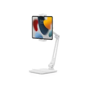 Twelve South HoverBar Duo Snap soporte ajustable blanco para tablet con un iPad en horizontal sobre una base