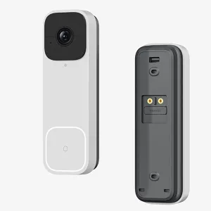 Timbre de video inteligente WOOX en blanco, mostrado por delante y por detrás, con cámara, botón y ranura para microSD