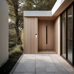 WOOX timbre de vídeo inteligente montado junto a una entrada principal moderna, en una pared exterior revestida de madera