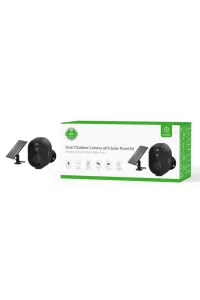 Empaque del kit de cámara inalámbrica inteligente para exteriores WOOX con imágenes de la cámara y el panel solar
