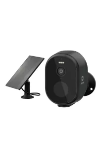 kit de cámara inalámbrica inteligente para exteriores WOOX con panel solar, cámara de seguridad negra y soporte para vigilancia exterior