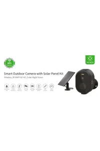 Kit de cámara inalámbrica inteligente para exteriores WOOX con panel solar, cámara negra y funciones de seguridad 2K 4 MP.