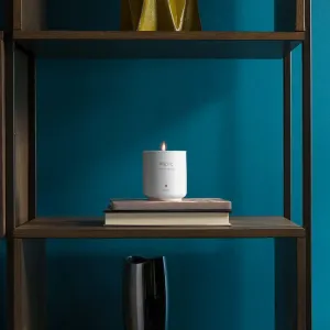 Twelve South Inspire Mac Candle No. 2, ett tänt vitt doftljus i en märkt behållare på staplade böcker.