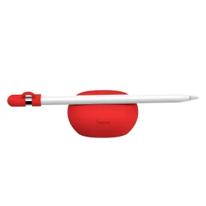 Support en silicone Baseus pour stylet, avec Apple Pencil posé dessus, protégeant la pointe et l’empêchant de rouler