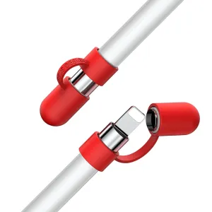 Support en silicone Baseus Pencil rouge, présenté avec capuchon et pointe de stylet, protégeant l’Apple Pencil et l’empêchant de rouler
