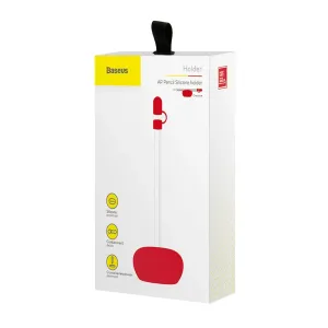 Boîte de vente au détail du support en silicone Baseus AP Pencil avec graphismes rouges et jaunes, boucle de suspension et icônes de fonctionnalités
