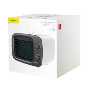 Boîte de vente au détail du rafraîchisseur d’air de bureau Baseus Time, présentant le rafraîchisseur évaporatif compact avec grille avant et molettes de commande