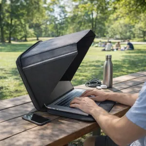 Baseus Philbert protector solar y de privacidad para portátil usado al aire libre sobre una mesa de pícnic en un parque
