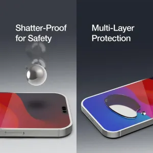 Just Mobile Xkin skjermbeskytter i herdet glass for iPhone 15 Pro, vist i to funksjonsgjengivelser