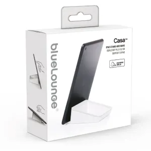 Emballage du support pour tablette Bluelounge Casa montrant le support, l’illustration de la tablette et le rangement intégré