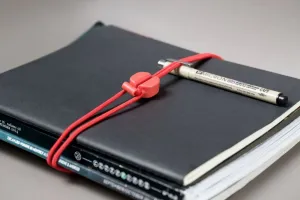 La bande élastique Bluelounge Pixi avec verrou entoure un carnet et maintient un stylo en place.