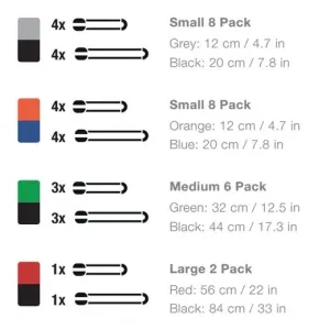 Tableau des tailles des bandes élastiques Bluelounge Pixi avec verrou, présentant les options de couleur pour les tailles petite, moyenne et grande.