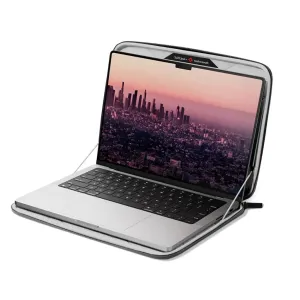 Twelve South SuitCase MacBook Pro 14-fodral med silverfärgad bärbar dator, öppet grått skyddsfodral och dragkedjekant