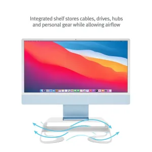 Twelve South Curve Riser, vitt bildskärmsstativ med integrerad hylla, som höjer en iMac för ergonomisk visning.