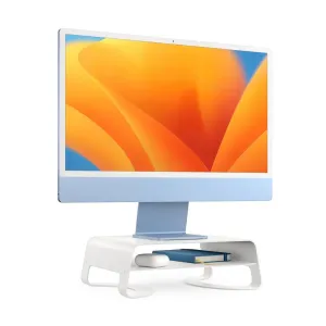 Twelve South Curve Riser vitt bildskärmsstativ höjer en skärm i iMac-stil och har en förvaringshylla undertill.