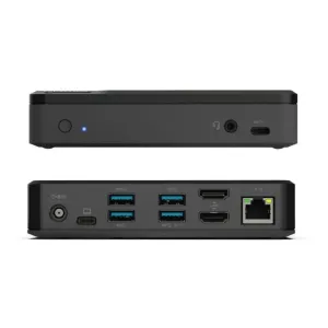 Station d’accueil Alogic Universal Twin HD PRO avec deux ports HDMI, des ports USB et Ethernet, vue de face et de dos