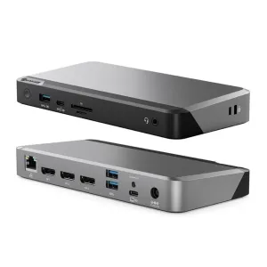 ALOGIC PRIME MX3, dock universal en gris espacial y negro, mostrado con varios puertos y conexiones para tres pantallas.