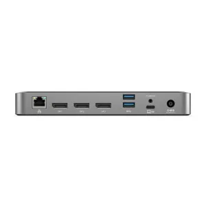 Vista frontal de la base universal ALOGIC PRIME MX3 con puertos DisplayPort, USB-A, USB-C y Ethernet