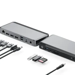 ALOGIC PRIME MX3 base universal con varios puertos, accesorios para cables y ranura para tarjetas para configuraciones con triple 4K