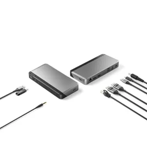Station d’accueil universelle ALOGIC PRIME MX2 en gris sidéral avec plusieurs ports USB, Ethernet et audio, présentée avec des câbles.