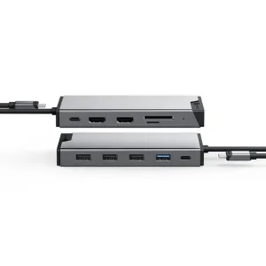 Hub USB-C universal ALOGIC DV3 para triple pantalla en gris espacial, con HDMI, USB-A, USB-C y ranuras para tarjetas