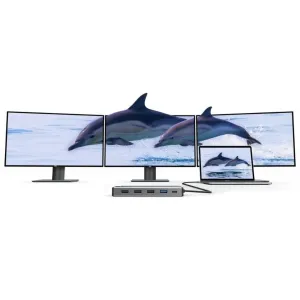 hub dock ALOGIC DV3 con compatibilidad para triple pantalla, mostrado con tres monitores y un portátil