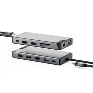 Hub USB-C ALOGIC DV3 para triple pantalla en gris espacial, con puertos HDMI, Ethernet y USB-A y cable integrado