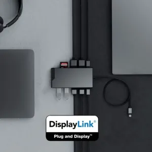 Hub USB-C ALOGIC DV3 con el logotipo de DisplayLink, cables conectados y ranura para tarjeta de memoria en gris espacial.