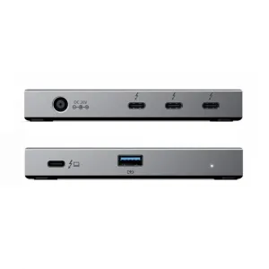 ALOGIC Thunderbolt 4 BLAZE hub compacto en plata, visto desde dos ángulos con puertos USB-C, USB-A y de alimentación