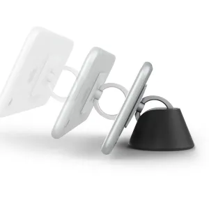 Soporte para móvil iRing con base de anillo giratoria, mostrado en negro, blanco y gris desde varios ángulos