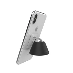 Soporte para smartphone iRing Dock con rotación, pegado a la parte trasera de un iPhone plateado sobre fondo blanco