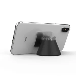 Soporte para teléfono iRing Dock que sostiene un iPhone plateado, con giro de 360 grados para verlo sin usar las manos.