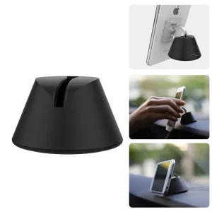 Soporte para teléfono iRing Dock negro con rotación de 360 grados, mostrado con ejemplos de colocación del smartphone