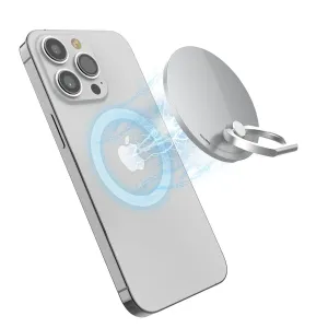 iRing Mag, soporte y agarre magnético para teléfono, mostrado junto a un iPhone plateado con conexión MagSafe