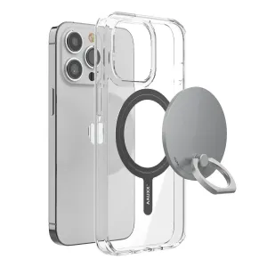 iRing Mag agarre y soporte magnético con funda transparente, mostrado delante de un iPhone plateado