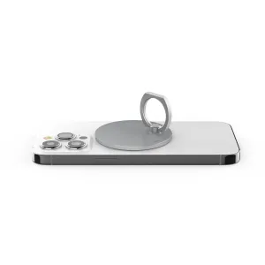 iRing Mag: agarre magnético y soporte acoplado a un smartphone, con soporte de anillo plateado y base magnética