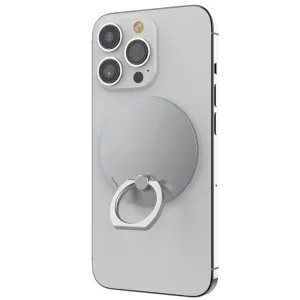 iRing Mag agarre y soporte magnético fijado a la parte trasera plateada de un iPhone con anilla plegable