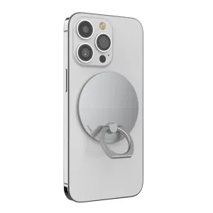 iRing Mag soporte y agarre magnético en un smartphone plateado, mostrado con el soporte de anillo plegado sobre fondo blanco