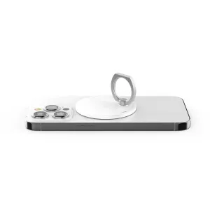 agarre magnético para teléfono iRing Mag con soporte de anillo plateado en un iPhone blanco, visto por la parte trasera