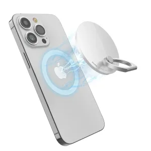 Accesorio de agarre magnético iRing Mag, mostrado acoplado a la parte trasera de un iPhone plateado