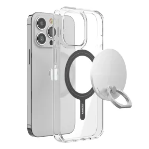 Accesorio de agarre magnético iRing Mag con funda transparente para el teléfono y iPhone plateado en vista de estudio