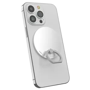 iRing Mag agarre magnético acoplado a la parte trasera de un smartphone plateado, con soporte de anillo abatible