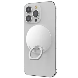 iRing Mag agarre magnético acoplado a un iPhone plateado, con un soporte de anillo blanco giratorio en la parte trasera