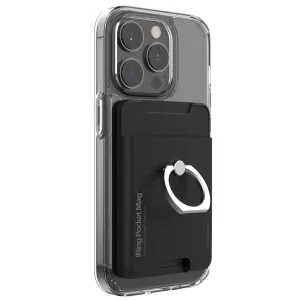 Portefeuille magnétique pour téléphone et support iRing Pocket Mag fixés à un smartphone avec coque transparente et anneau de maintien