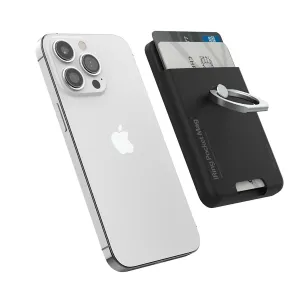 iRing Pocket Mag, porte-cartes magnétique et support pour téléphone avec deux cartes, présenté à côté d’un smartphone argenté