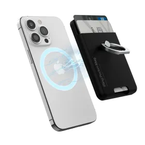 iRing Pocket Mag noir, porte-cartes magnétique avec anneau support, contenant deux cartes à côté d’un smartphone